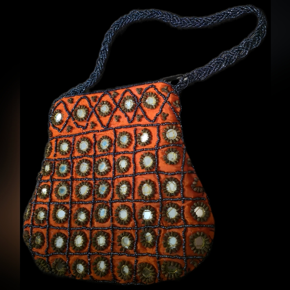 Handmade Indian Ethnic Beaded Purse Mirror Work Orange Potli Bag - Picture 2 of 6